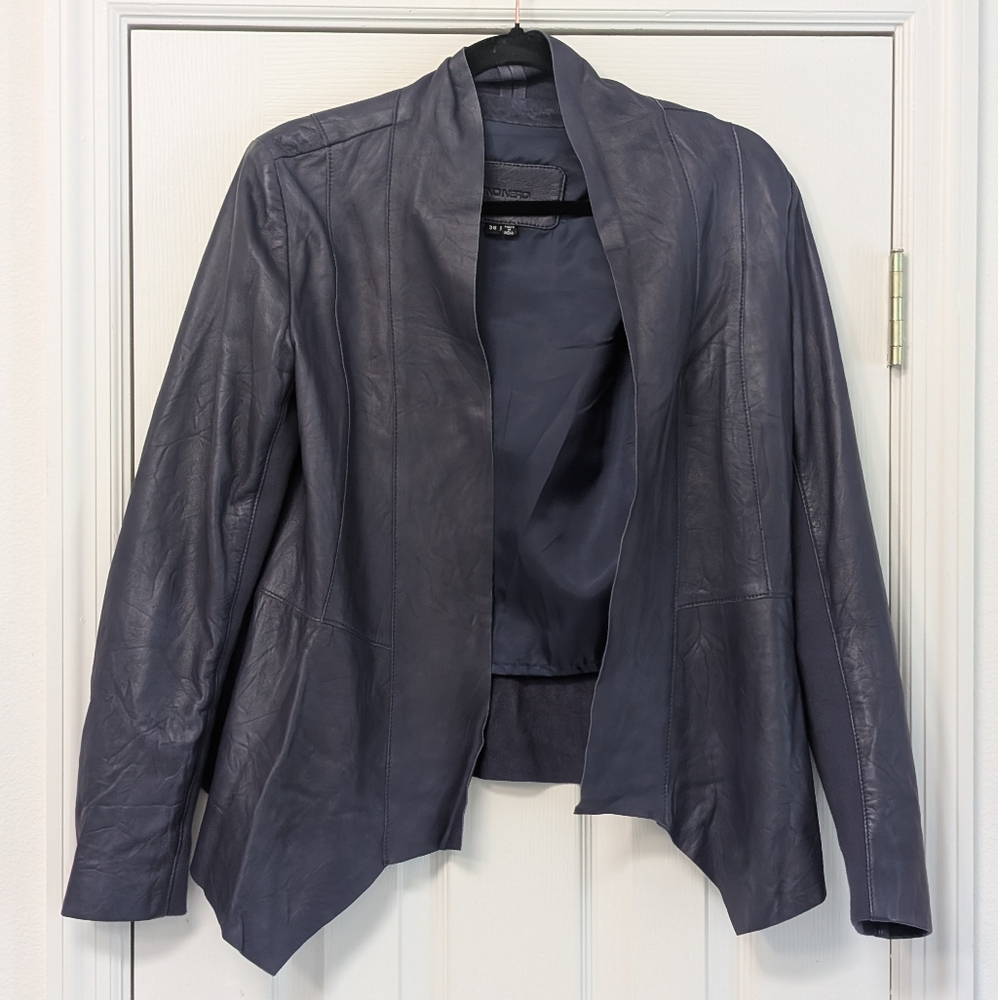 Stylish Women's Leather Open Front Jacket in Indigo Blue